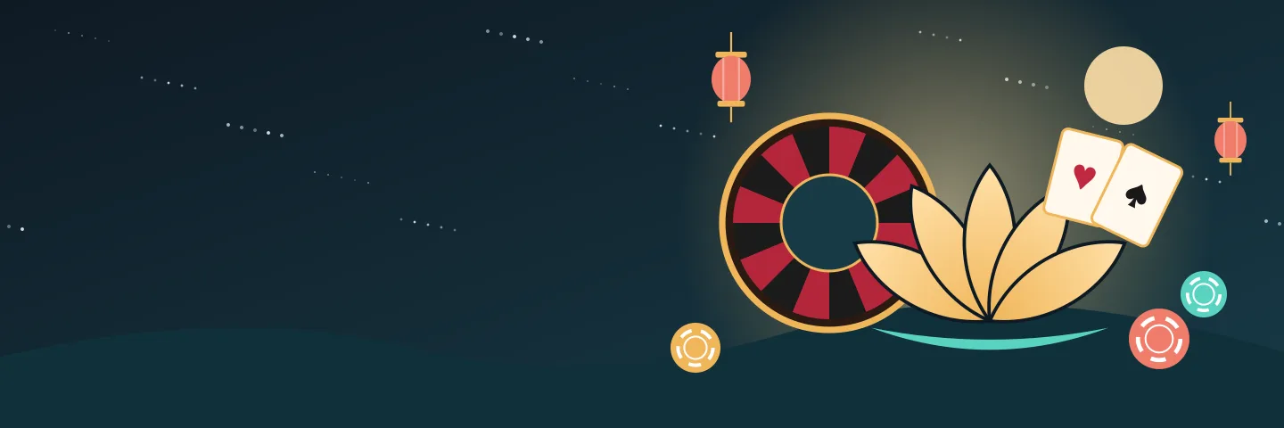 Baner Budda Casino z tarczą, lotosem i kartami do gry w ciepłym złotym świetle